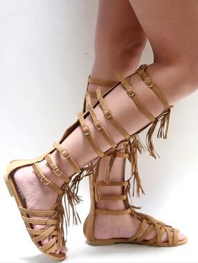 New Tan Fringe Knee High Gladiator Sandals